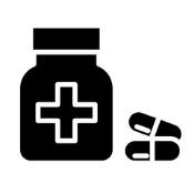 Icon of a pill bottle with two pills beside it.
