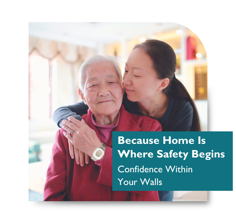 Older Women wearing Lifeline being hugged by younger women