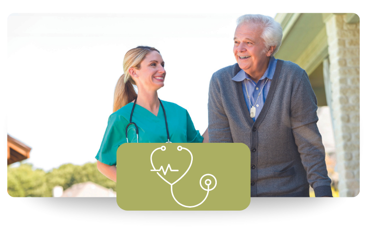 a healthcare worker walking with a lifeline subscriber