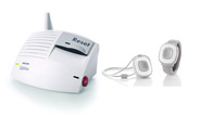 Home Safe communicator unit and help buttons, one is a pendant-style and the other is a wrist bracelet.