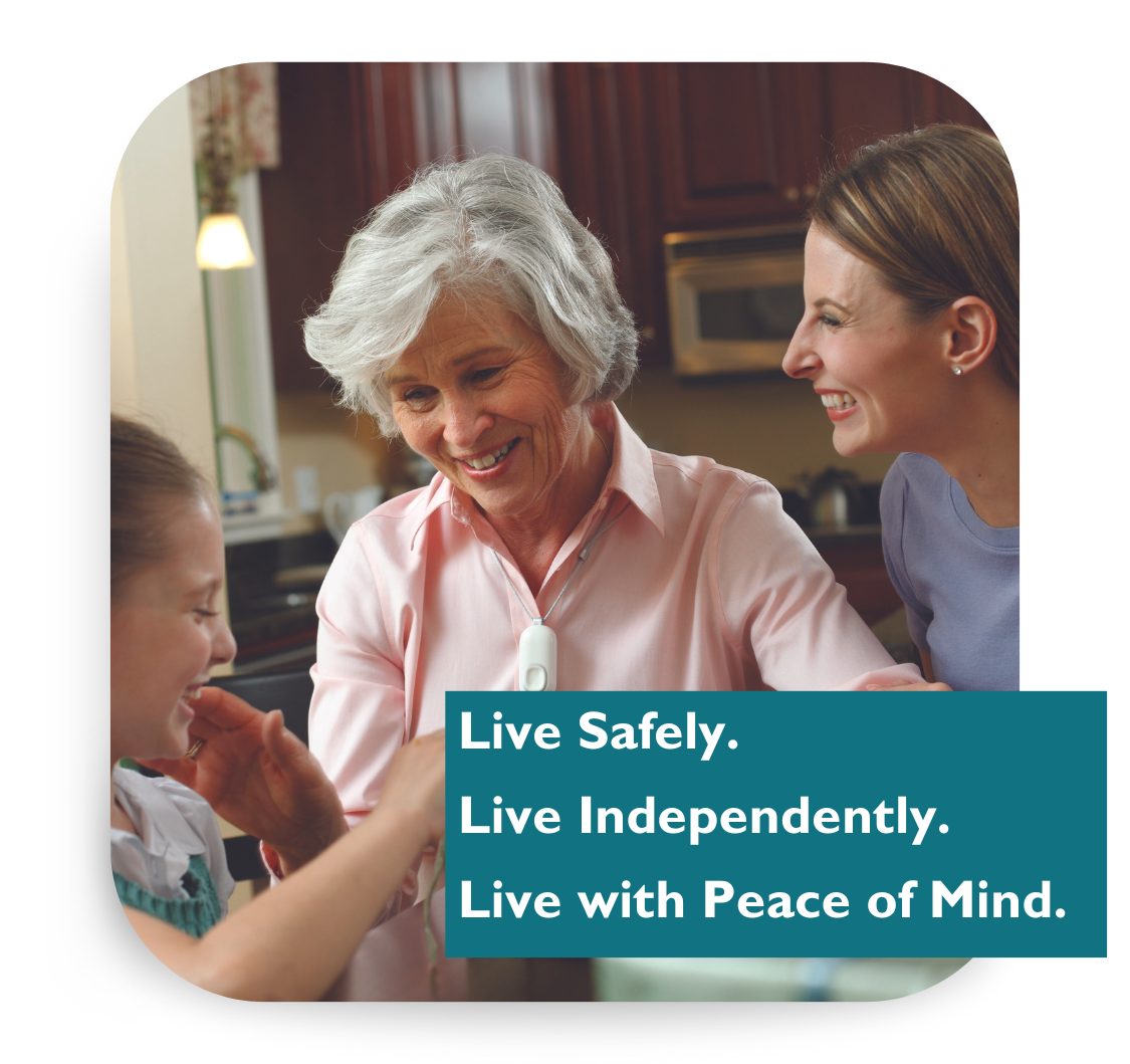 Older women with lifeline button with daughter and granddaughter
